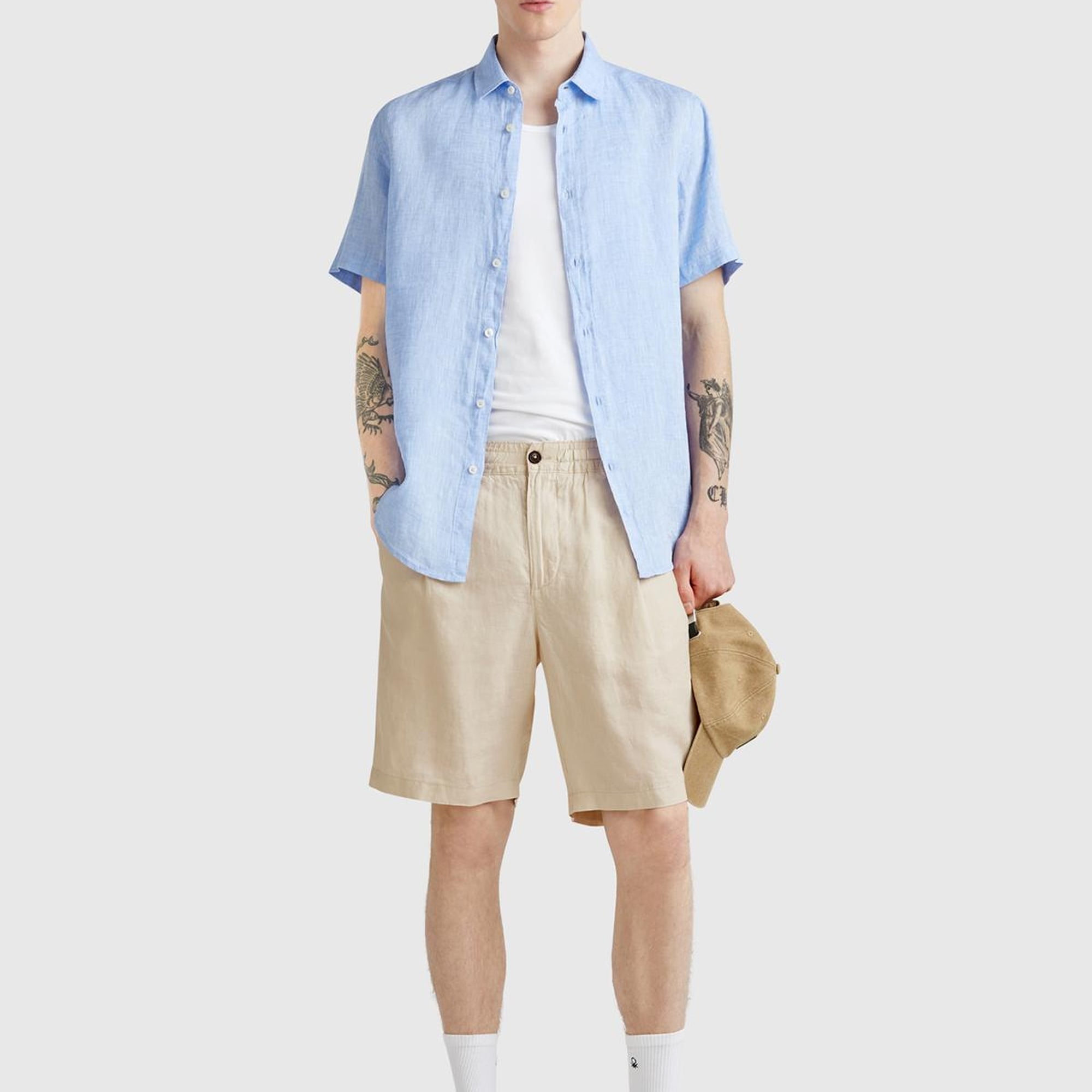 Erkek Taş Rengi %100 Keten Büzgü İpli Düğmeli Pile Detaylı Bermuda Şort