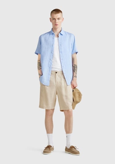  Erkek Taş Rengi %100 Keten Büzgü İpli Düğmeli Pile Detaylı Bermuda Şort