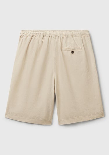  Erkek Taş Rengi %100 Keten Büzgü İpli Düğmeli Pile Detaylı Bermuda Şort