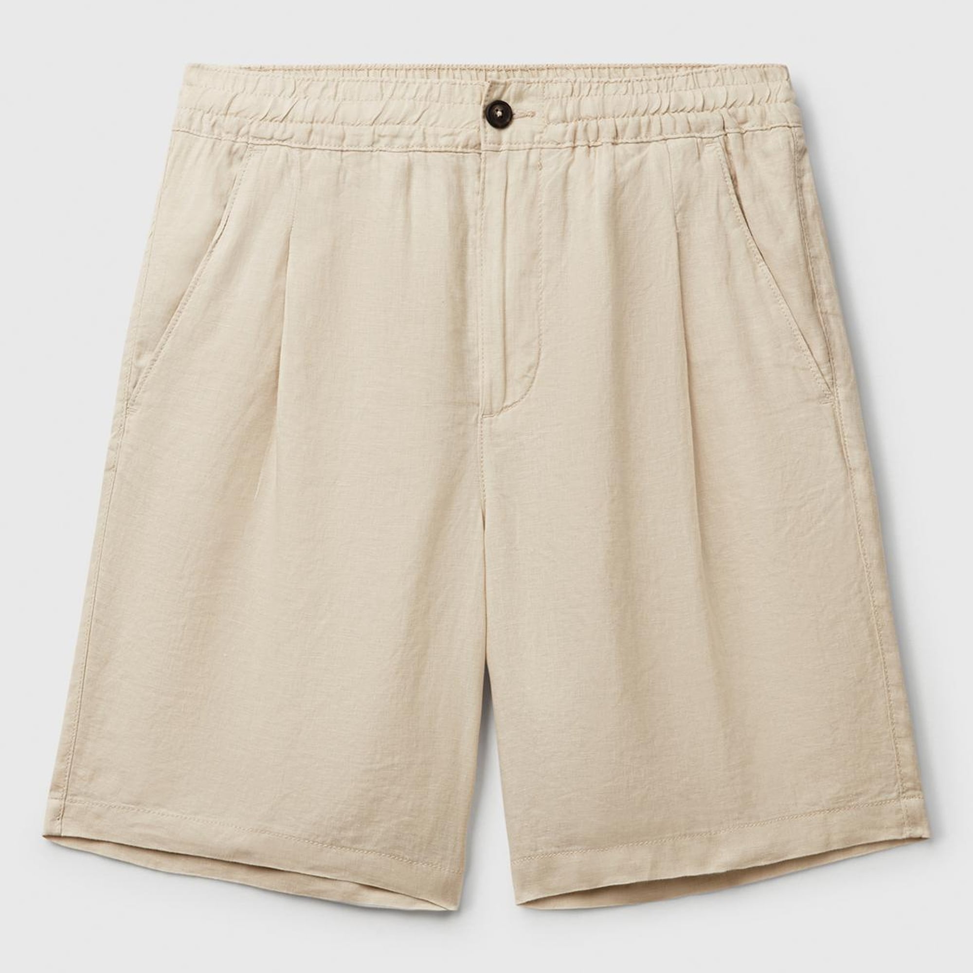 Erkek Taş Rengi %100 Keten Büzgü İpli Düğmeli Pile Detaylı Bermuda Şort