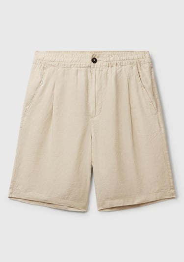  Erkek Taş Rengi %100 Keten Büzgü İpli Düğmeli Pile Detaylı Bermuda Şort