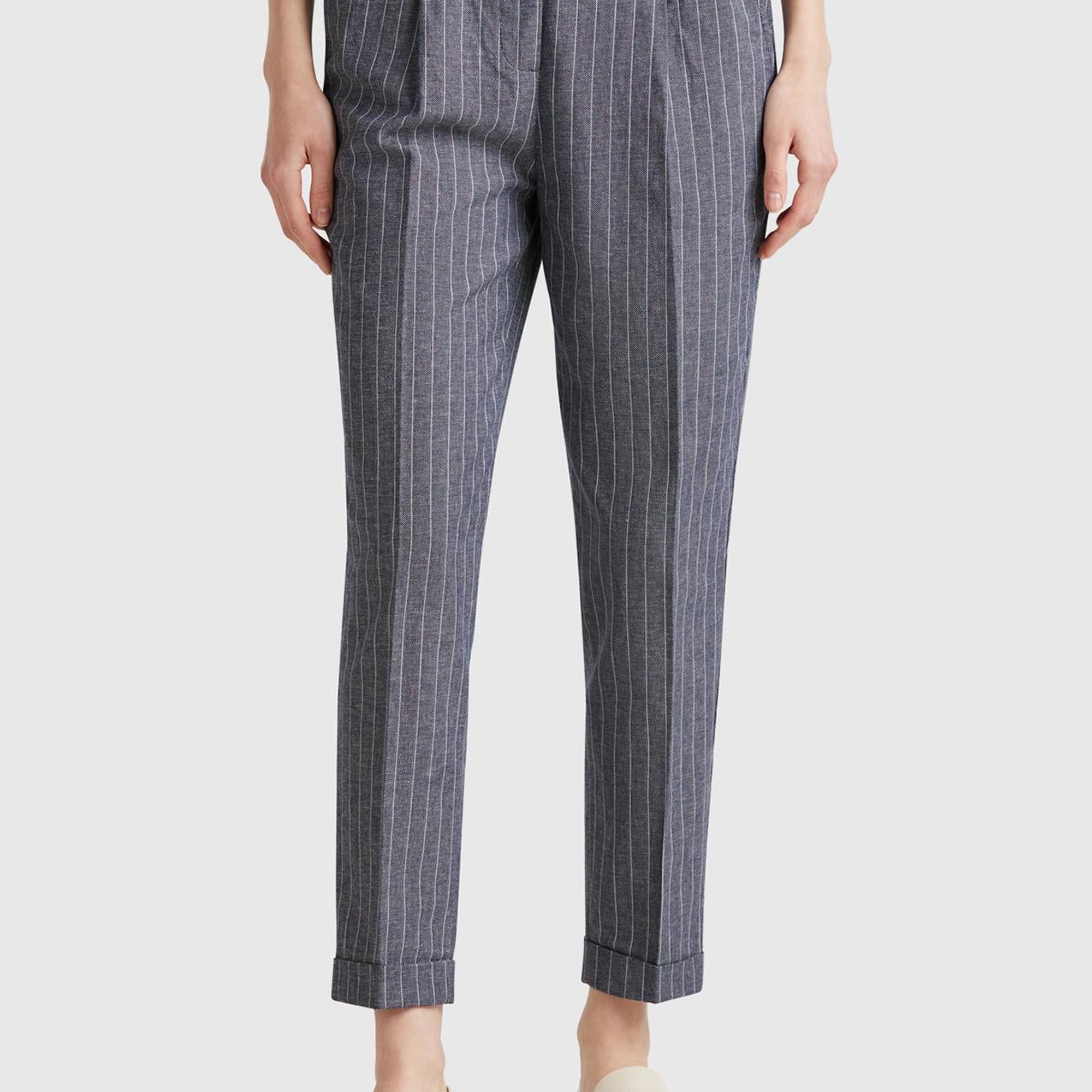 Kadın Lacivert Pamuk ve Keten Karışımlı İnce Çizgili Regular Fit Pantolon