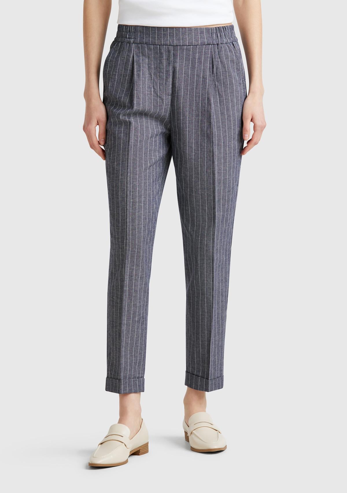  Kadın Lacivert Pamuk ve Keten Karışımlı İnce Çizgili Regular Fit Pantolon