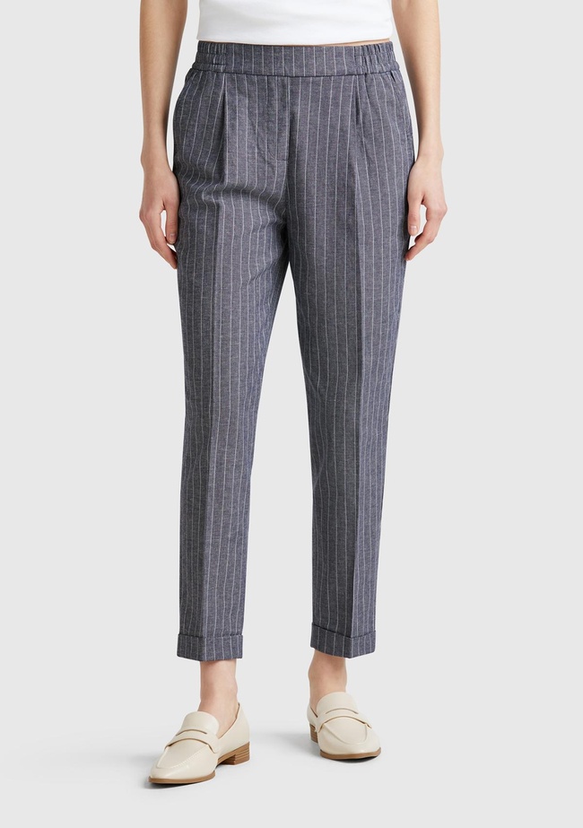  Kadın Lacivert Pamuk ve Keten Karışımlı İnce Çizgili Regular Fit Pantolon