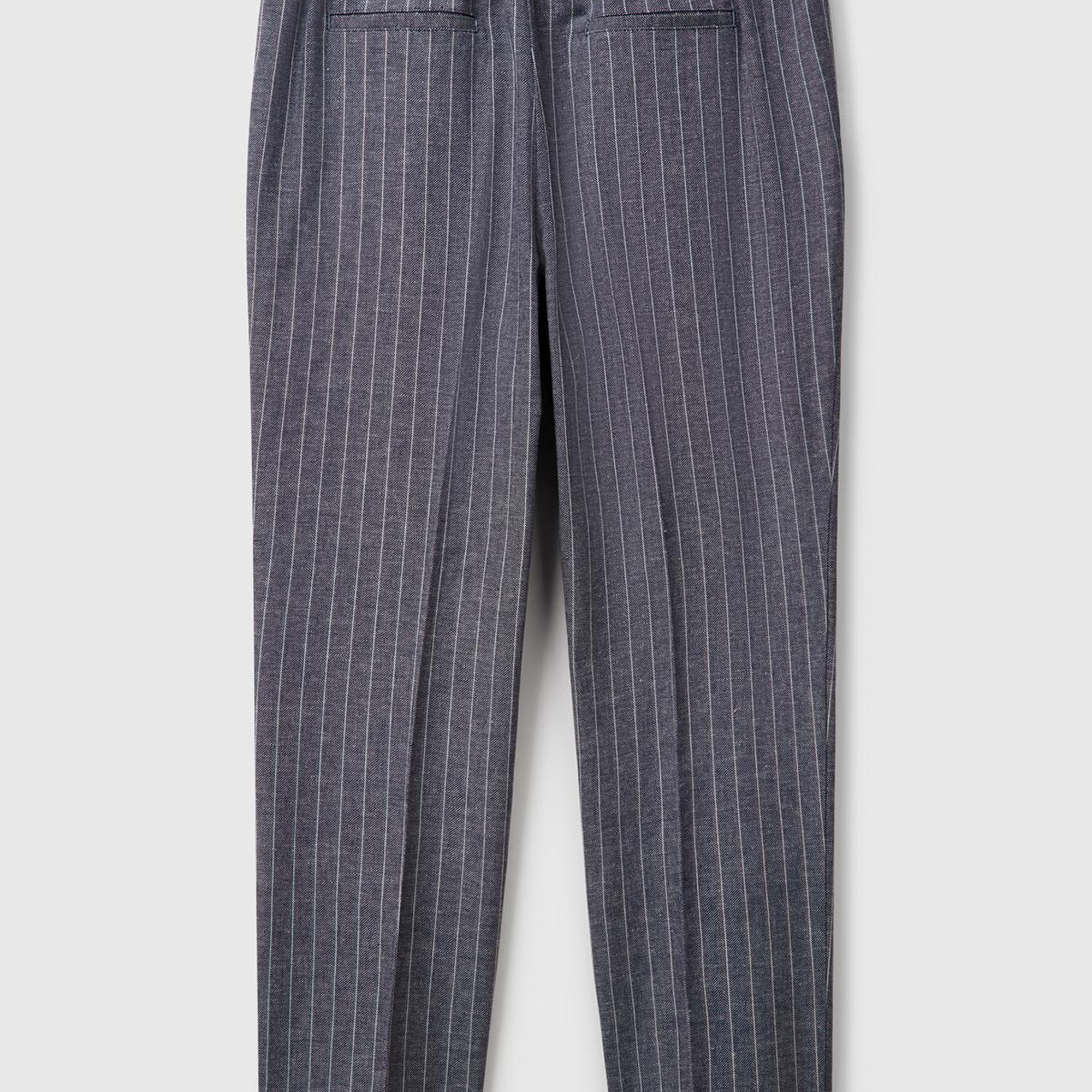 Kadın Lacivert Pamuk ve Keten Karışımlı İnce Çizgili Regular Fit Pantolon