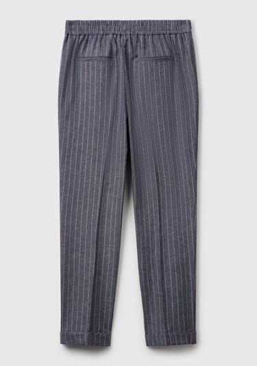 Kadın Lacivert Pamuk ve Keten Karışımlı İnce Çizgili Regular Fit Pantolon