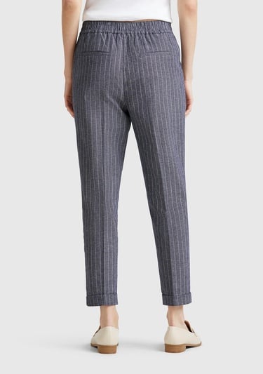  Kadın Lacivert Pamuk ve Keten Karışımlı İnce Çizgili Regular Fit Pantolon