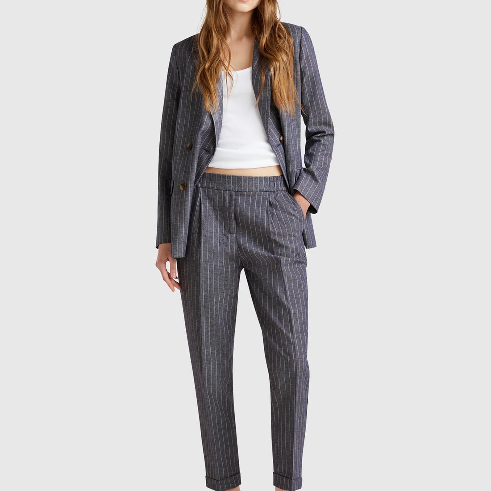 Kadın Lacivert Pamuk ve Keten Karışımlı İnce Çizgili Regular Fit Pantolon