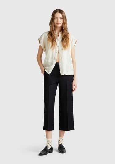  Kadın Siyah %100 Keten Düğmeli Fermuarlı Paçası Kesik Kloş Pantolon