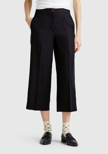  Kadın Siyah %100 Keten Düğmeli Fermuarlı Paçası Kesik Kloş Pantolon