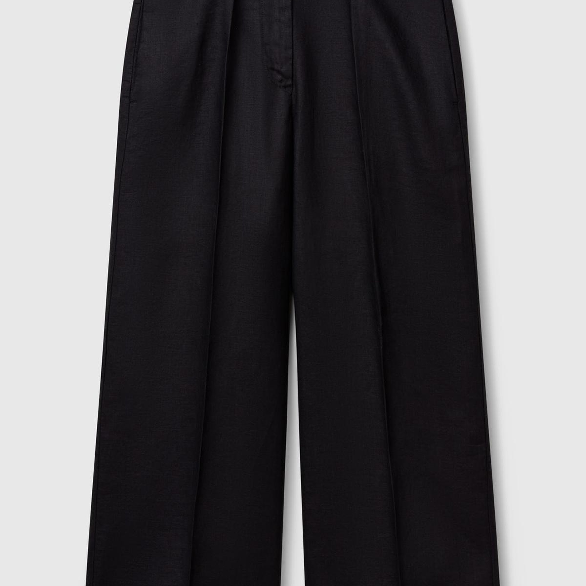 Kadın Siyah %100 Keten Düğmeli Fermuarlı Paçası Kesik Kloş Pantolon