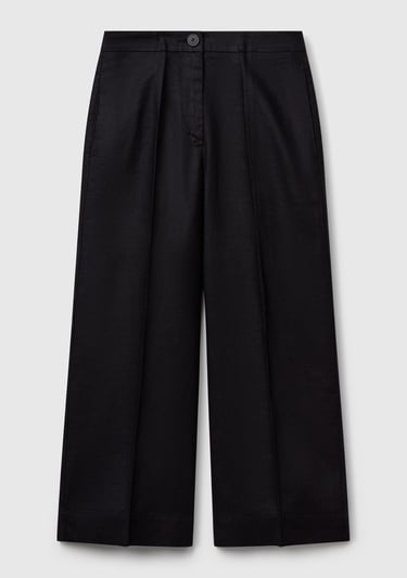  Kadın Siyah %100 Keten Düğmeli Fermuarlı Paçası Kesik Kloş Pantolon