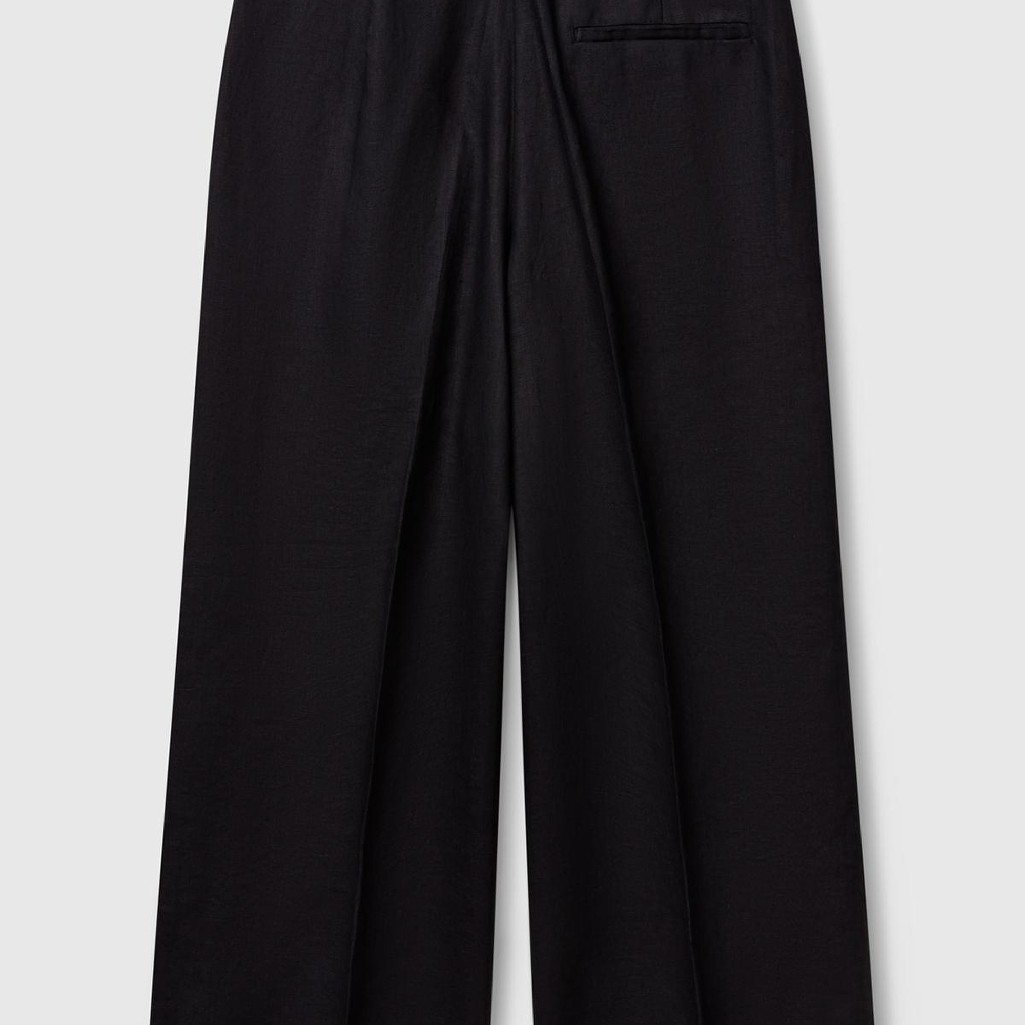 Kadın Siyah %100 Keten Düğmeli Fermuarlı Paçası Kesik Kloş Pantolon