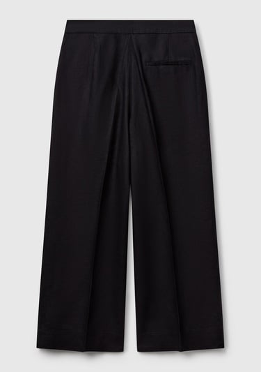  Kadın Siyah %100 Keten Düğmeli Fermuarlı Paçası Kesik Kloş Pantolon