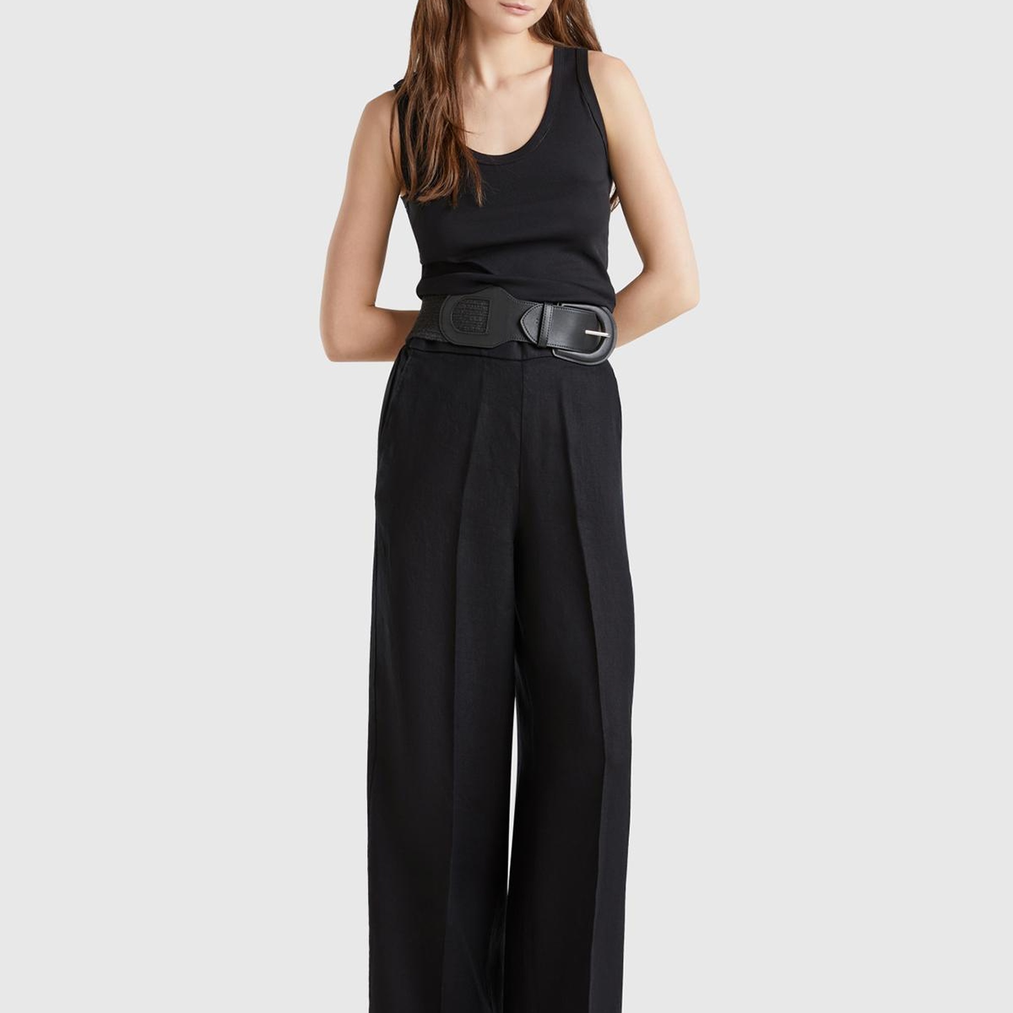 Kadın Siyah %100 Keten Yan Cepli Arka Beli Lastikli Palazzo Pantolon