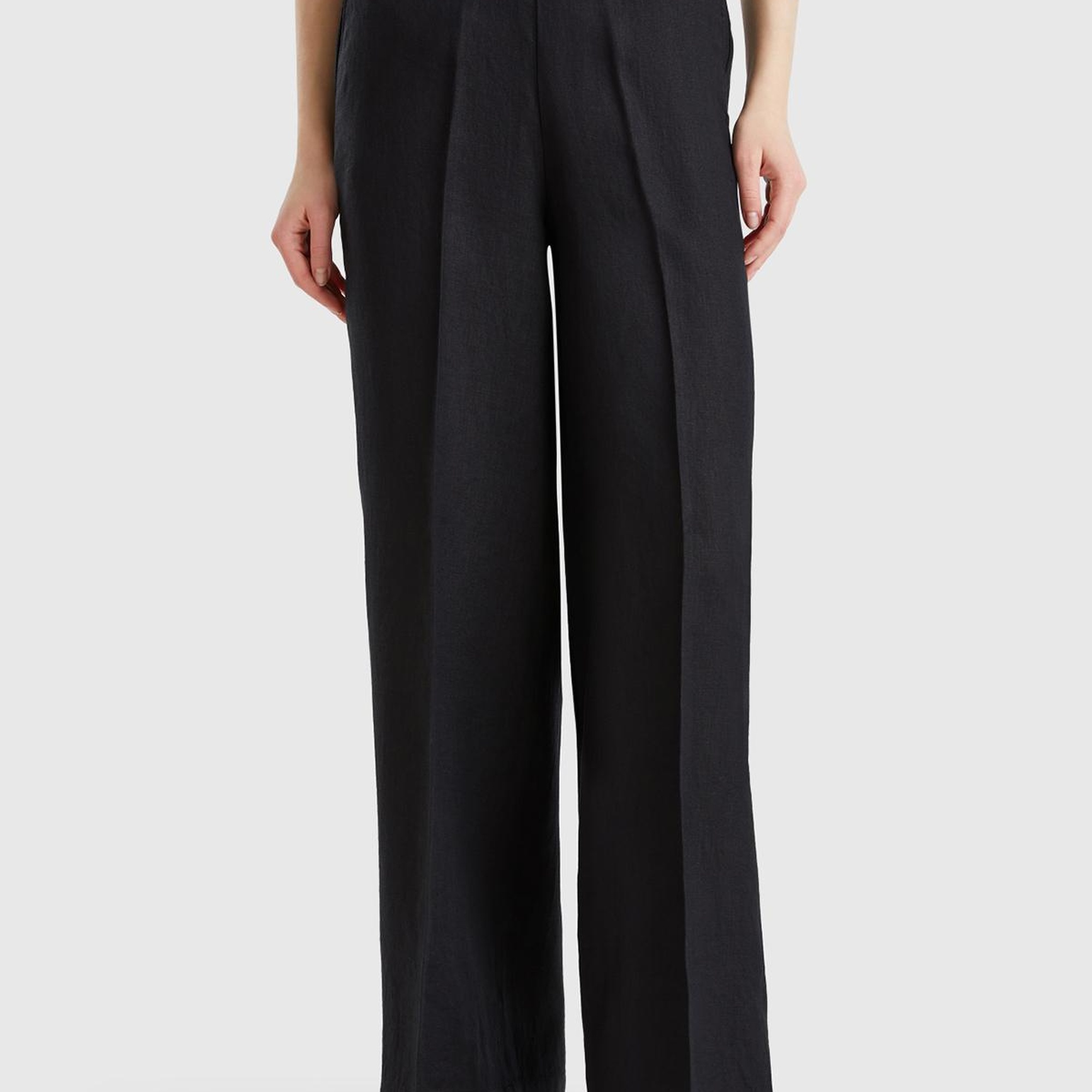 Kadın Siyah %100 Keten Yan Cepli Arka Beli Lastikli Palazzo Pantolon