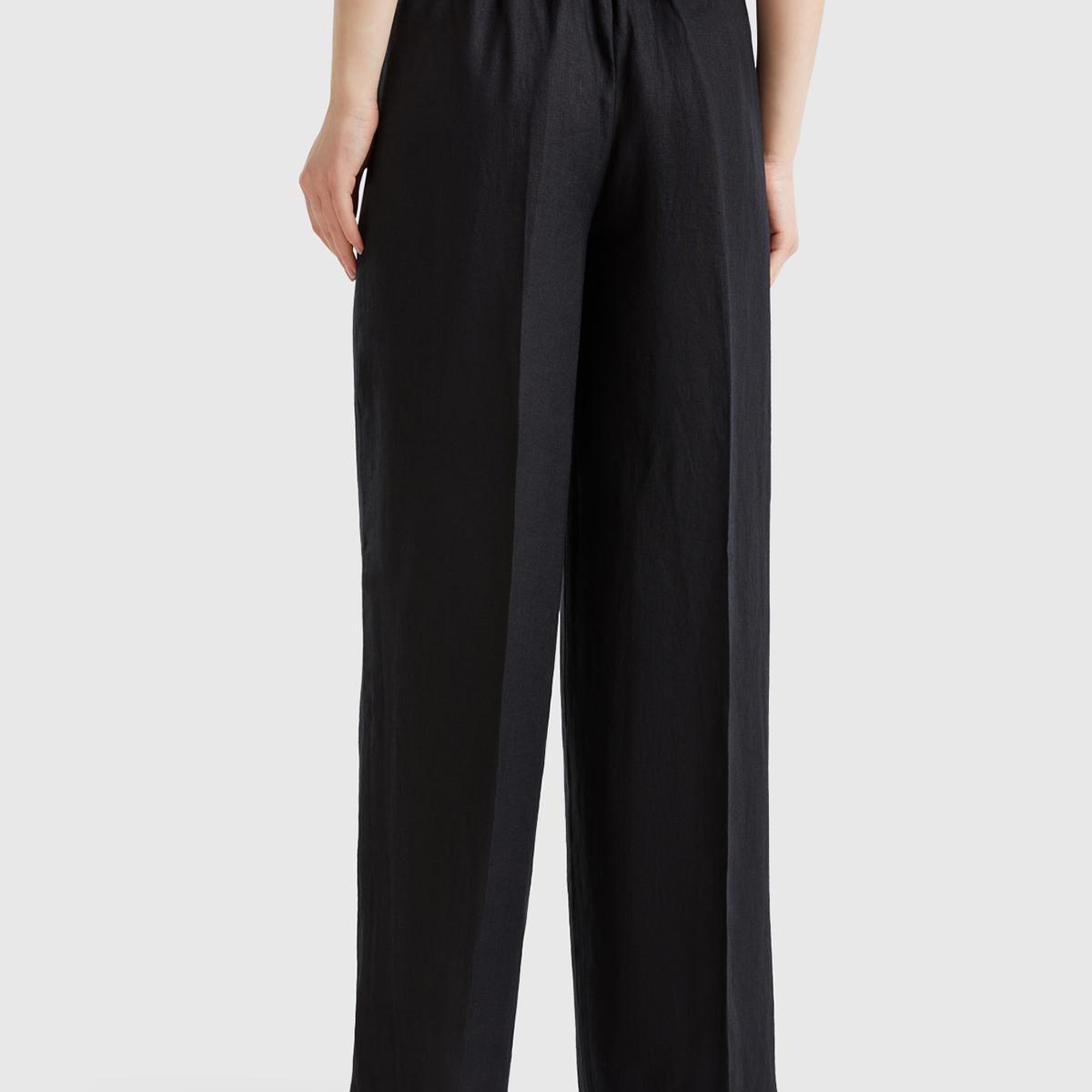 Kadın Siyah %100 Keten Yan Cepli Arka Beli Lastikli Palazzo Pantolon