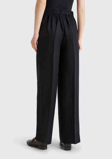  Kadın Siyah %100 Keten Yan Cepli Arka Beli Lastikli Palazzo Pantolon