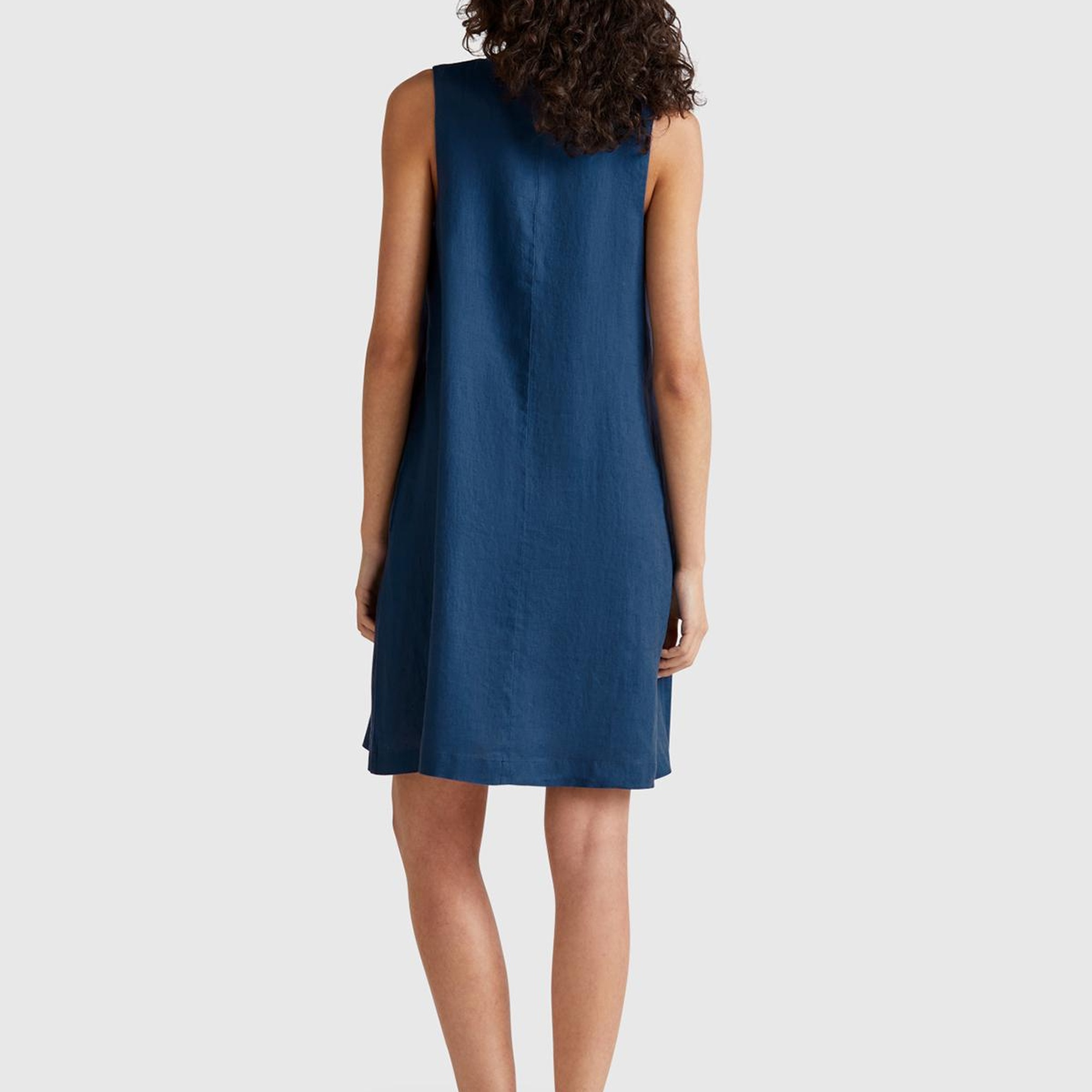 Kadın Denim %100 Keten Yanı Fermuarlı A Kesim V Yaka Kısa Elbise