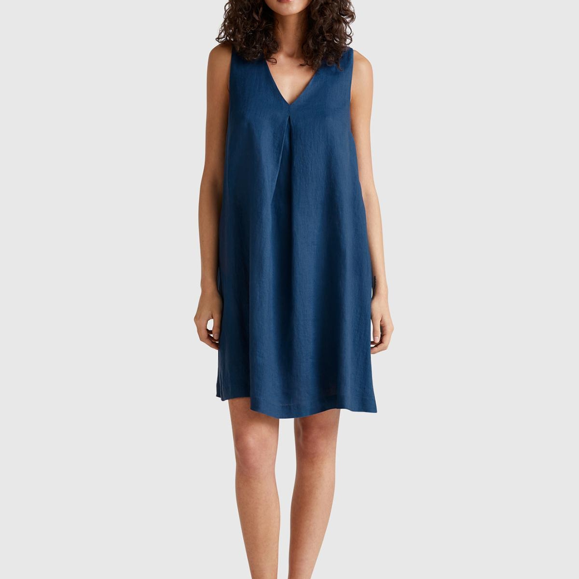 Kadın Denim %100 Keten Yanı Fermuarlı A Kesim V Yaka Kısa Elbise