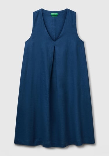  Kadın Denim %100 Keten Yanı Fermuarlı A Kesim V Yaka Kısa Elbise