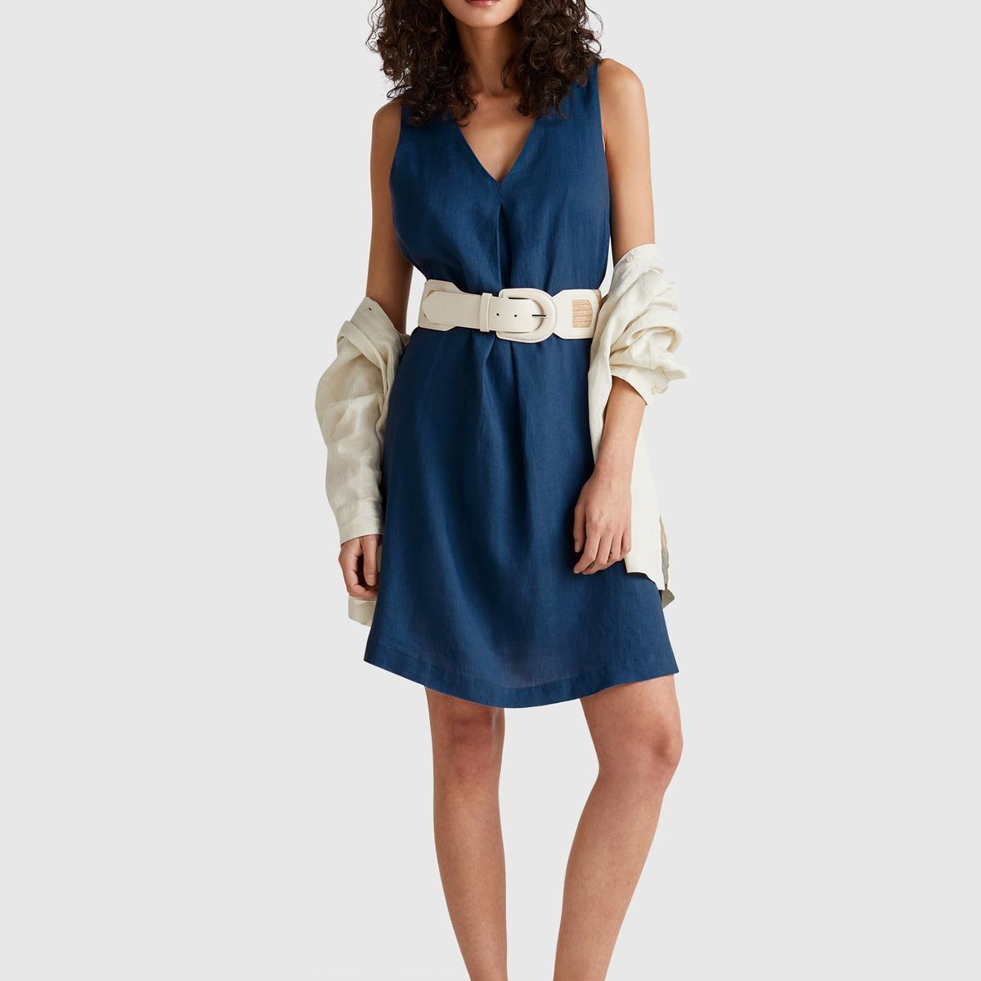 Kadın Denim %100 Keten Yanı Fermuarlı A Kesim V Yaka Kısa Elbise