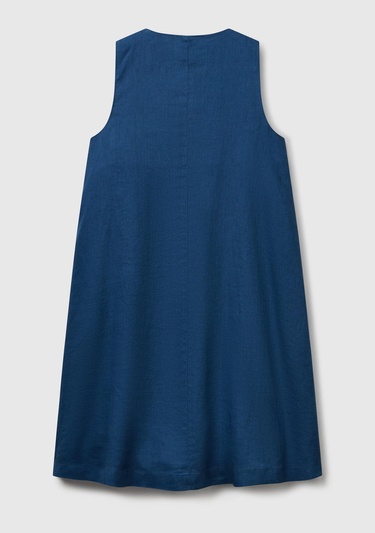  Kadın Denim %100 Keten Yanı Fermuarlı A Kesim V Yaka Kısa Elbise