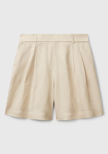  Kadın Taş Rengi %100 Keten Arka Beli Lastikli Pileli Relax Fit Bermuda Şort