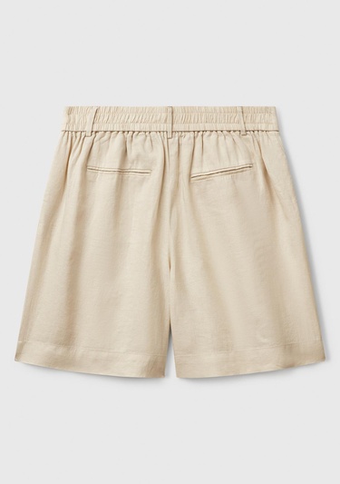  Kadın Taş Rengi %100 Keten Arka Beli Lastikli Pileli Relax Fit Bermuda Şort