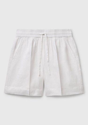  Kadın Beyaz %100 Keten Büzgü İpli Cepli Bermuda Şort