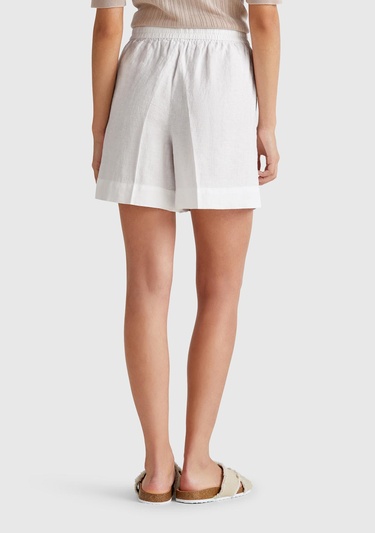  Kadın Beyaz %100 Keten Büzgü İpli Cepli Bermuda Şort