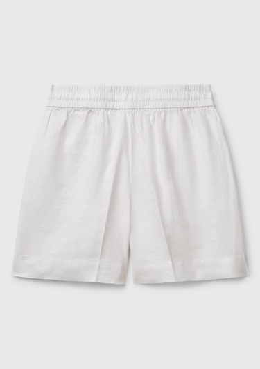  Kadın Beyaz %100 Keten Büzgü İpli Cepli Bermuda Şort