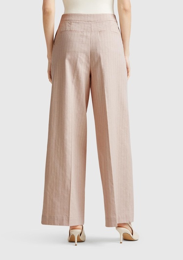  Kadın Bej Pamuk ve Keten Karışımlı İnce Çizgili Palazzo Pantolon