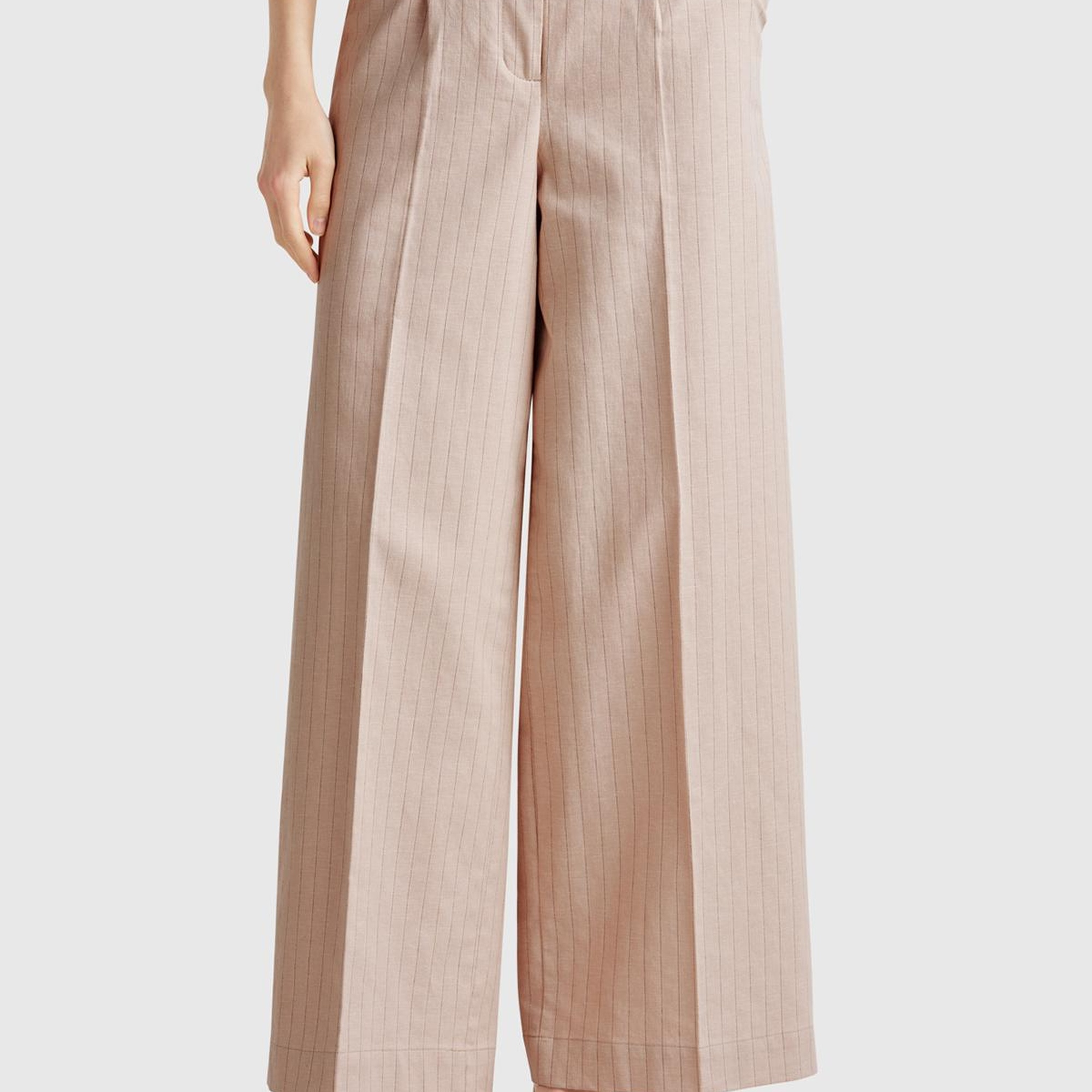 Kadın Bej Pamuk ve Keten Karışımlı İnce Çizgili Palazzo Pantolon