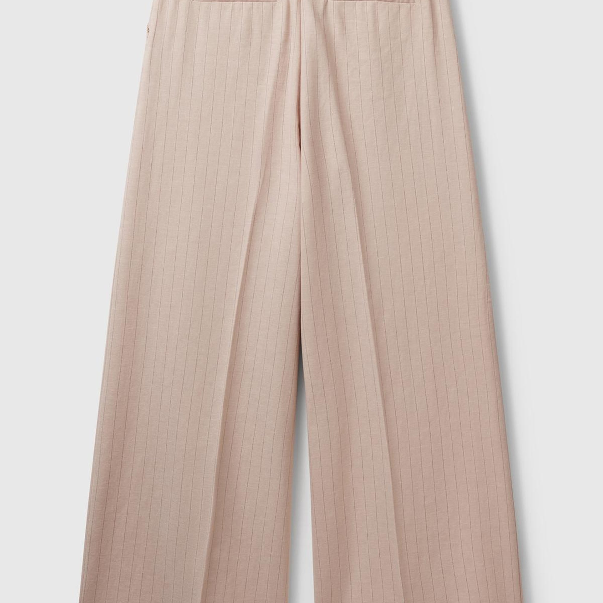 Kadın Bej Pamuk ve Keten Karışımlı İnce Çizgili Palazzo Pantolon