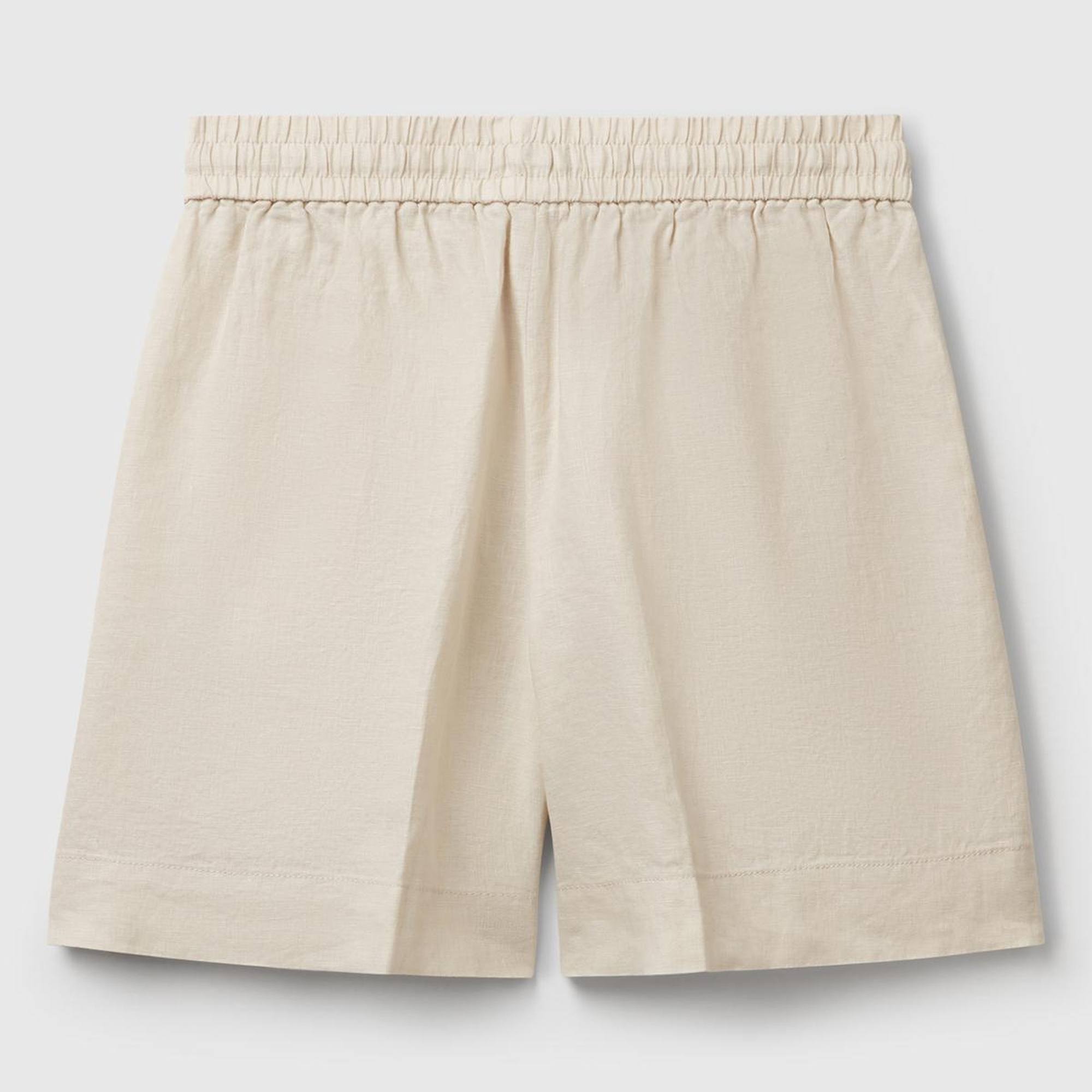 Kadın Taş Rengi %100 Keten Büzgü İpli Cepli Bermuda Şort