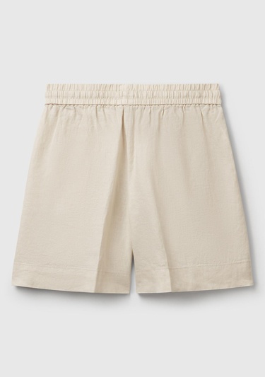  Kadın Taş Rengi %100 Keten Büzgü İpli Cepli Bermuda Şort