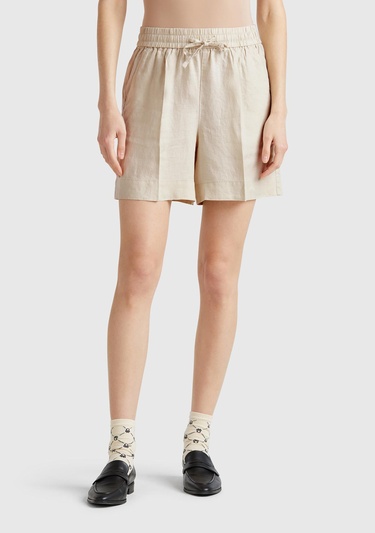  Kadın Taş Rengi %100 Keten Büzgü İpli Cepli Bermuda Şort