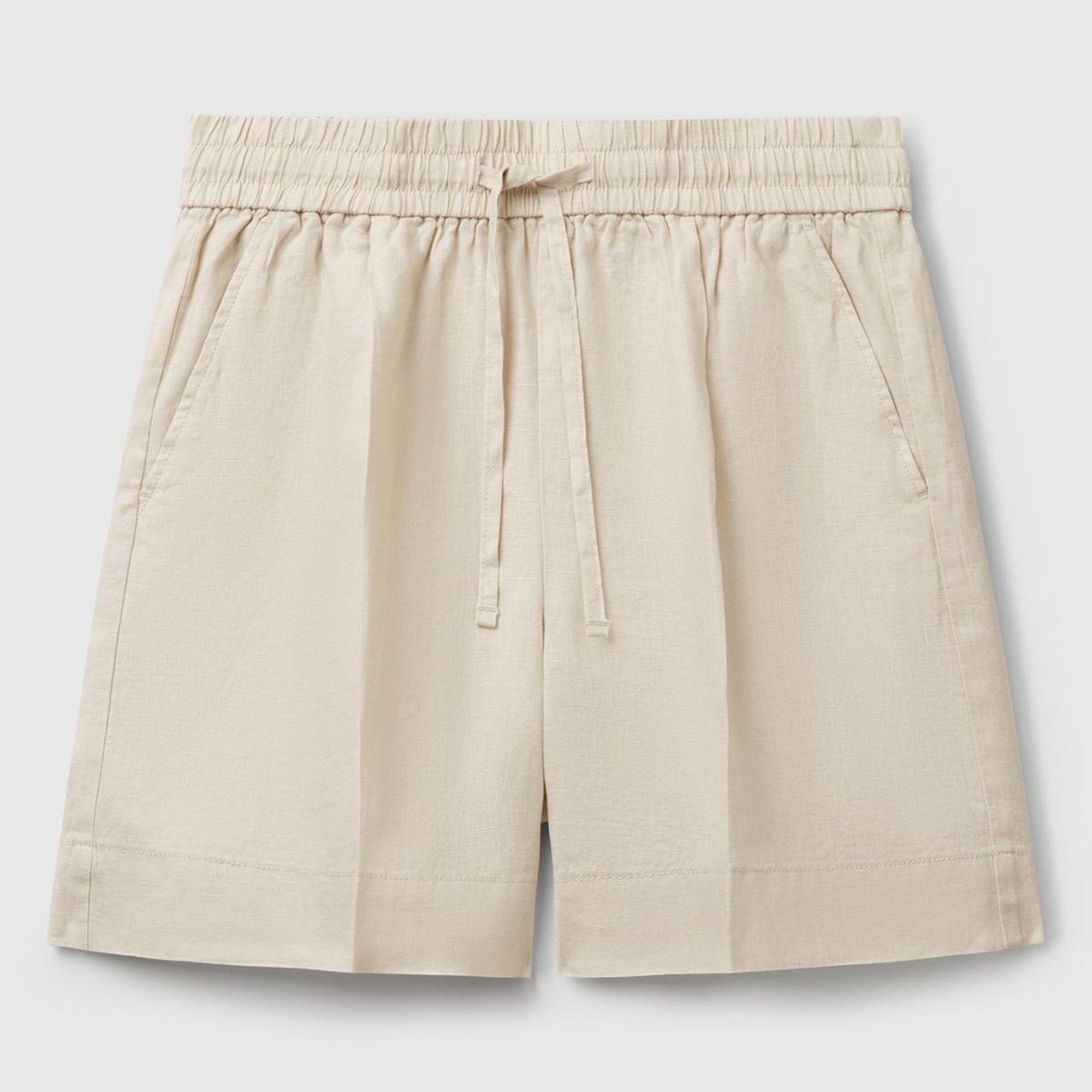 Kadın Taş Rengi %100 Keten Büzgü İpli Cepli Bermuda Şort