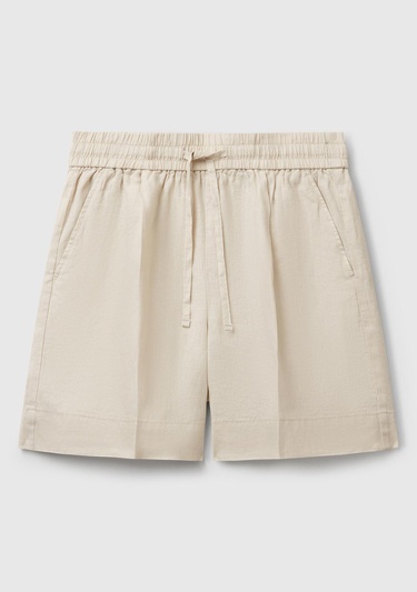  Kadın Taş Rengi %100 Keten Büzgü İpli Cepli Bermuda Şort