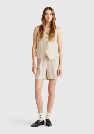  Kadın Taş Rengi %100 Keten Büzgü İpli Cepli Bermuda Şort