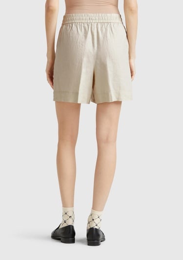 Kadın Taş Rengi %100 Keten Büzgü İpli Cepli Bermuda Şort