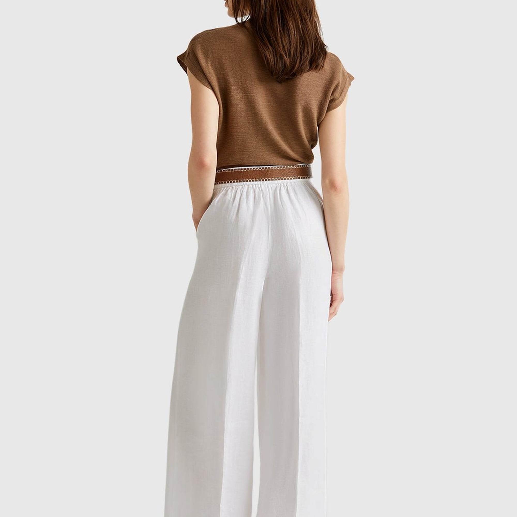 Kadın Beyaz %100 Keten Yan Cepli Arka Beli Lastikli Palazzo Pantolon
