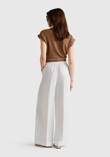  Kadın Beyaz %100 Keten Yan Cepli Arka Beli Lastikli Palazzo Pantolon