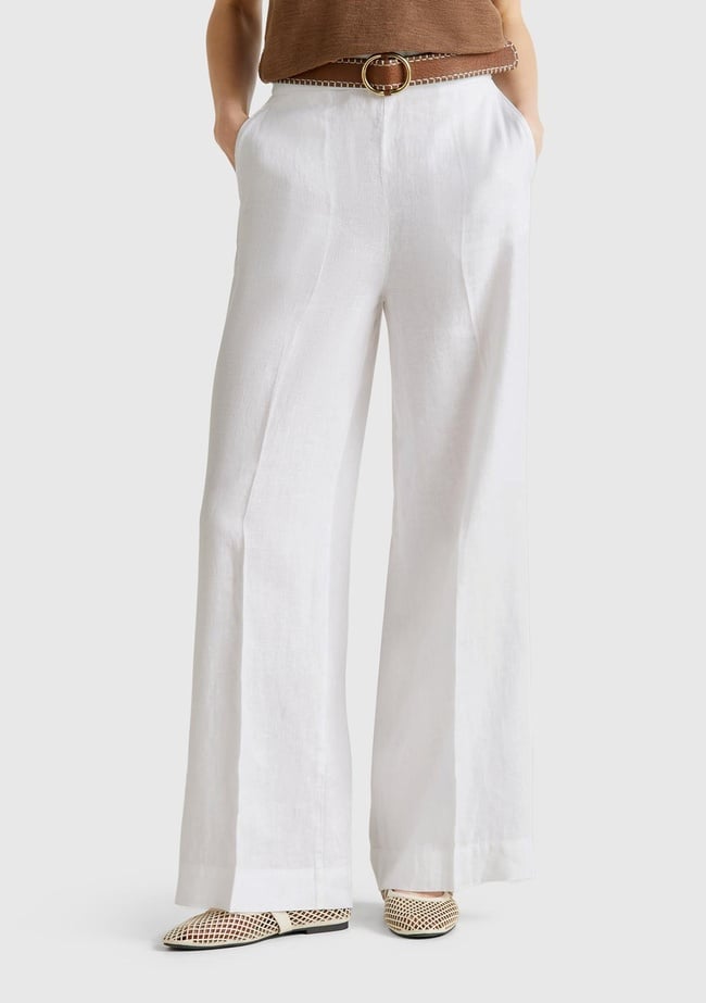  Kadın Beyaz %100 Keten Yan Cepli Arka Beli Lastikli Palazzo Pantolon