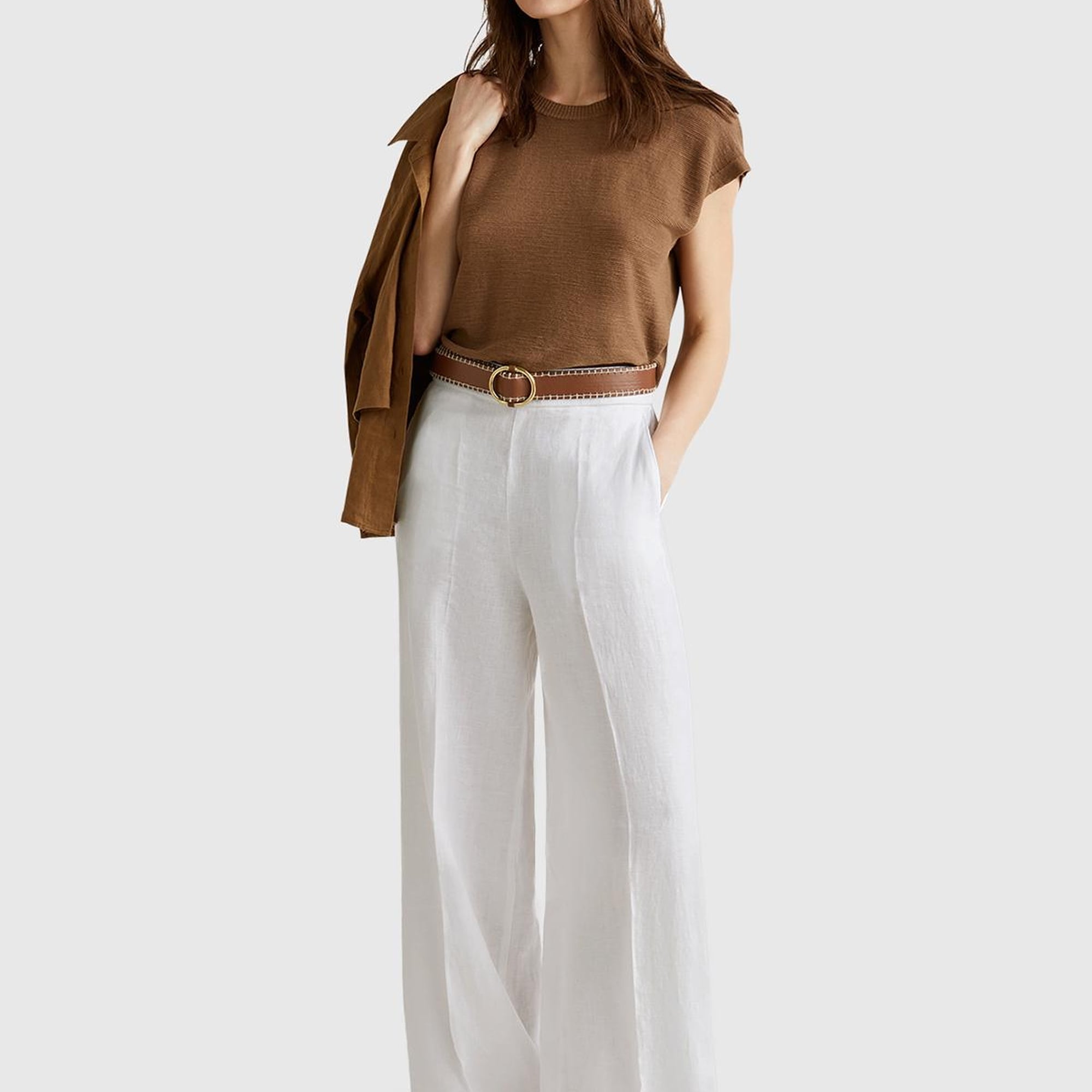 Kadın Beyaz %100 Keten Yan Cepli Arka Beli Lastikli Palazzo Pantolon