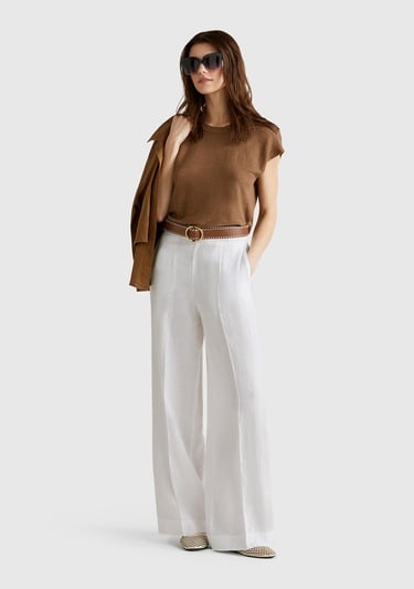  Kadın Beyaz %100 Keten Yan Cepli Arka Beli Lastikli Palazzo Pantolon