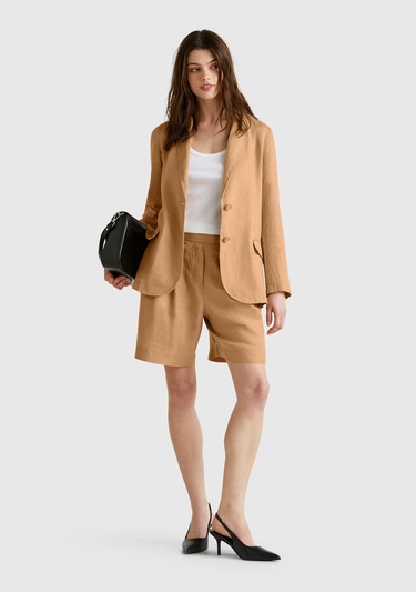  Kadın Bej %100 Keten Arka Beli Lastikli Pileli Relax Fit Bermuda Şort