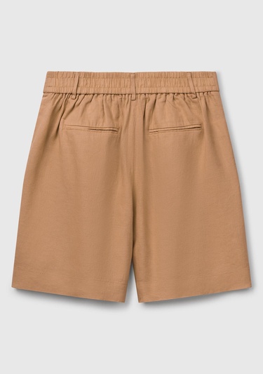  Kadın Bej %100 Keten Arka Beli Lastikli Pileli Relax Fit Bermuda Şort
