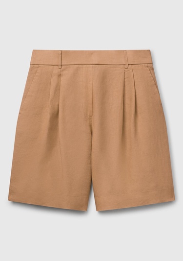  Kadın Bej %100 Keten Arka Beli Lastikli Pileli Relax Fit Bermuda Şort